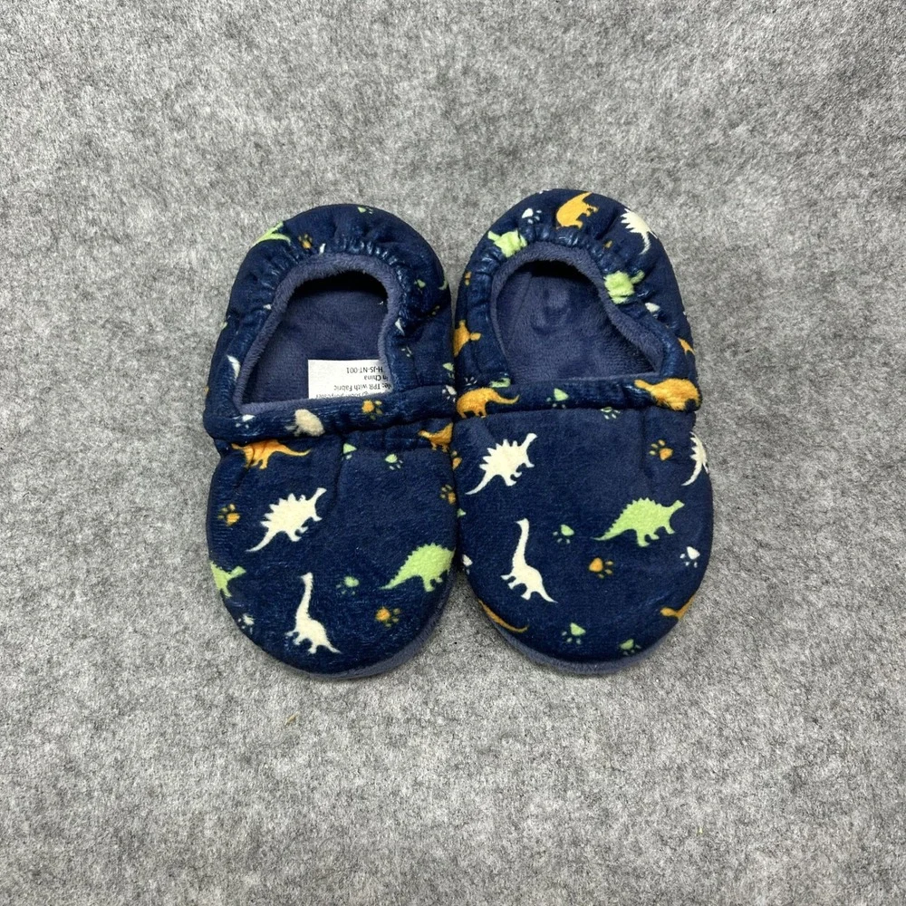 Unbranded Toddler Dinosaur Print Slippers Size 7/8 Navy Blue Faux Fur Lined